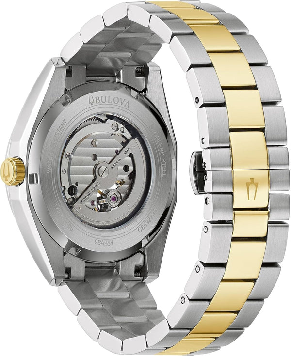 Bulova Men's Classic Surveyor 3-Hand Automatic Watch, Hack Feature, Luminous Hand, Open Aperture, Screw-Back Case, 42mm Two Tone Gold
