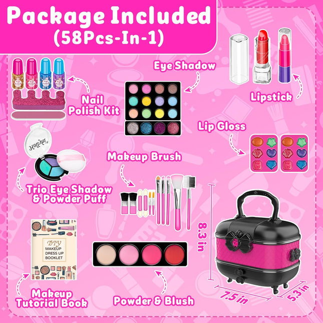 Hollyhi 58 Pcs Kids Makeup Kit for Girl, Princess Toys Real Washable Cosmetic Se