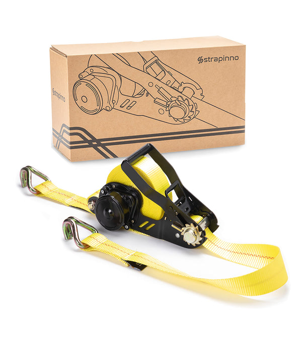 Strapinno Retractable Ratchet Tie-Down Strap - 2 in X 27 Ft Heavy-Duty Strap with Double J Hooks, Tangle-Free Webbing, 10,000 Lbs Breaking