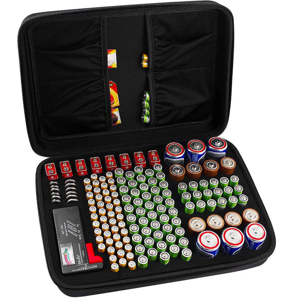 Comecase Hard Battery Organizer Storage Box, Carrying Case Bag Holder - Holds 148 Batteries AA AAA C D 9V - with Battery Tester BT-168 (Batteries