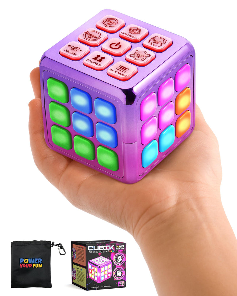 Power Your Fun Cubik LED Flashing Cube Memory Game - Electronic Handheld Game STEM Toy, 5 Brain Memory Games for Kids Brain Play Sensory Toys