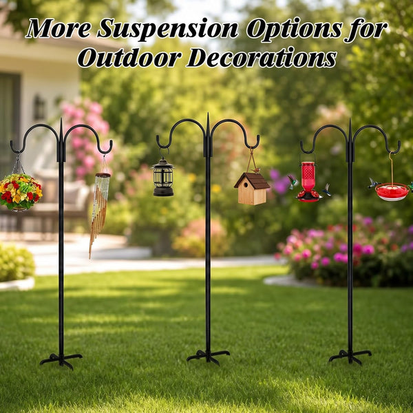 FEED GARDEN Heavy Duty Shepherds Hook 76" Double Hooks Adjustable (44/60/76") - Alloy Steel 5-Prong Base, 17lb Capacity - Easy Assembly Bird