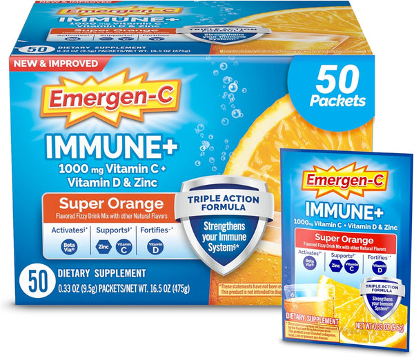 Emergen-C Immune+ Triple Action Immune Support Powder, Betavia (R), 1000Mg Vitamin C, B Vitamins, Vitamin D and Antioxidants, Super Orange â 50