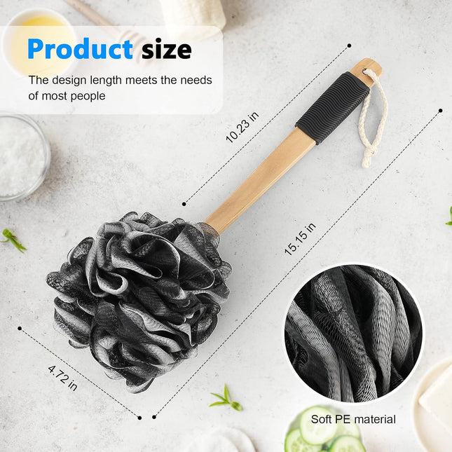 Black Loofah on a Stick PE Soft Mesh Luffa with Non-Slip Wooden Handle Made of S
