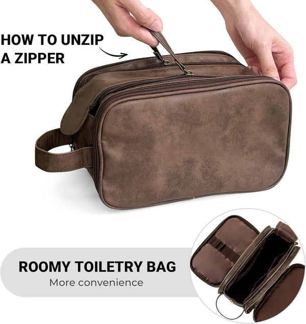 Elviros Toiletry Bag for Men PU Leather Shaving Dopp Kit (Large, Chocolate) | Water-Resistant Travel Organizer for Bathroom Toiletries, Grooming