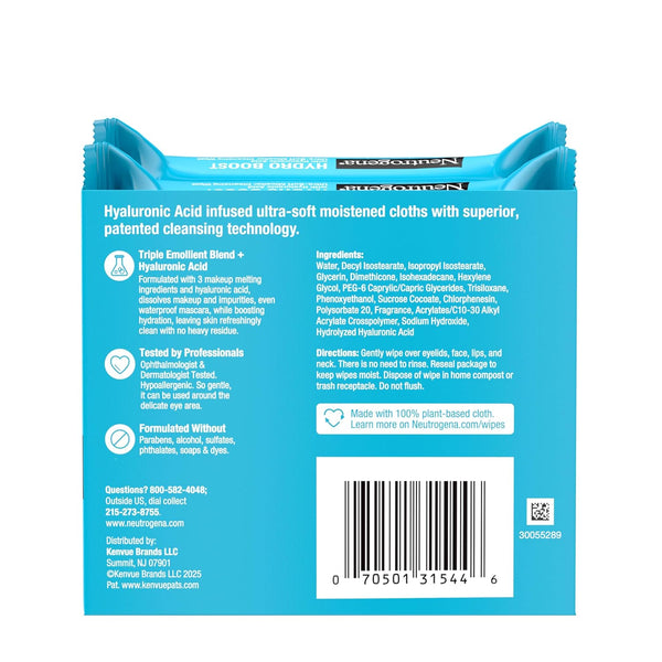 Neutrogena Hydro Boost Face Wipes + Hyaluronic Acid, Hydrating Makeup Remover Wipes Remove Dirt & Waterproof Makeup, Hypoallergenic, 100%
