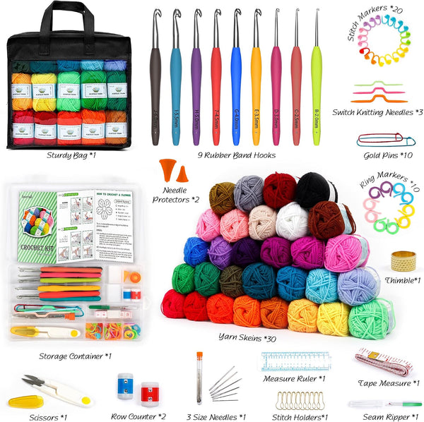 103 PCS Crochet Kit with Crochet Hooks Yarn Set, Premium Bundle Includes 1650 Yards Acrylic Yarn Skeins Balls, Needles, Accessories, Bag, Ideal