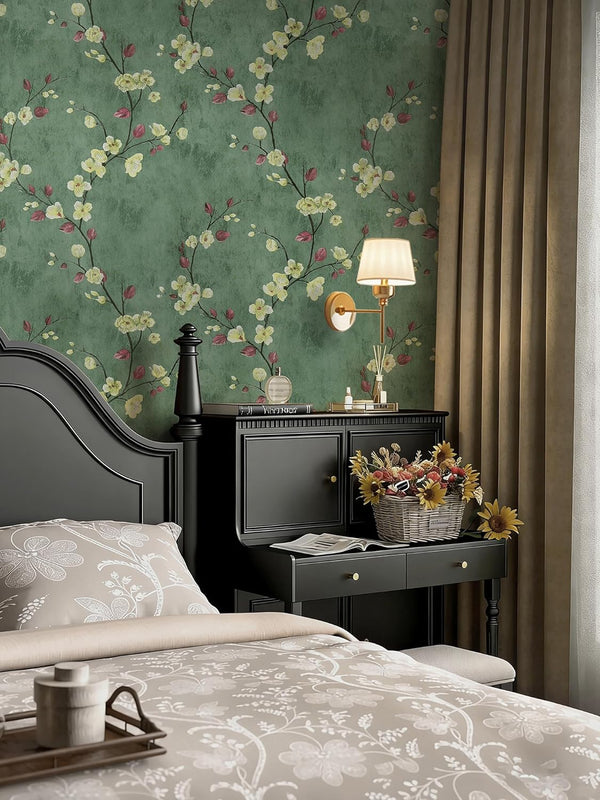 Safiyya 118"x17.7" Green Floral Peel and Stick Wallpaper Vintage Contact Paper Removable Self-Adhesive Wall Paper for Bedroom Vinyl Roll 17.7" x 118"