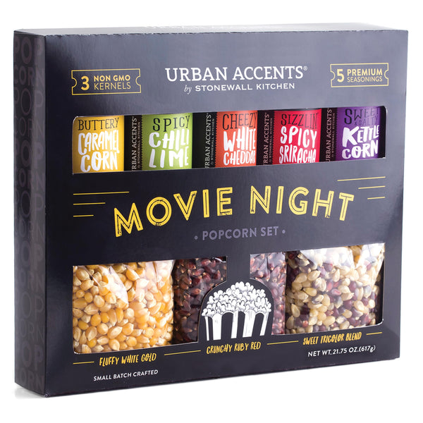 Urban Accents Movie Night Popcorn Gift Set – Includes 3 Gourmet Popcorn Kernel Varieties & 5 Flavorful Seasonings – Perfect Snack Gift Box for