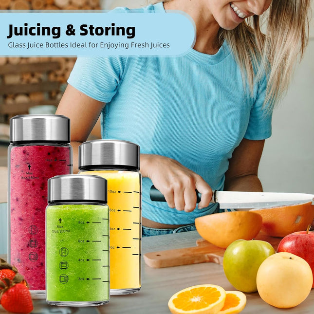 Glass Juice Bottles 4 Pack 16 Oz - Wide Mouth Glass Water Bottles with Lids - Bo