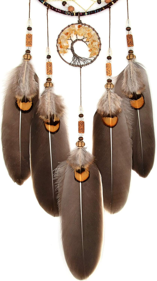 Urdeoms Brown Dream Catchers Tree of Life Boho Dreamcatcher for Bedroom Adult with Feathers and Citrine Crystal Wall Han