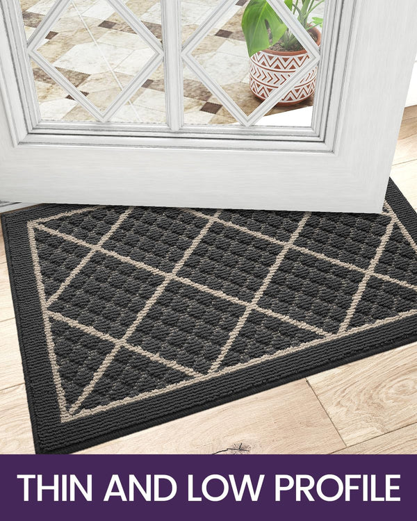 DEXI Front Door Mat Indoor Entryway 17x30 Inside Entrance Doormat Dark Grey | Non Slip Low Profile Thin Absorbent Washable Entry Mats for House