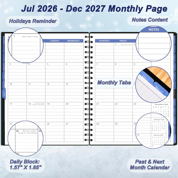 Monthly Planner 2026-2027 (7.4'' x 9.6''), 18 Months Calendar Book from Jul 2026-Dec 2027, 2026 Agenda Planner with Tabs & Pocket, 120GSM Paper,