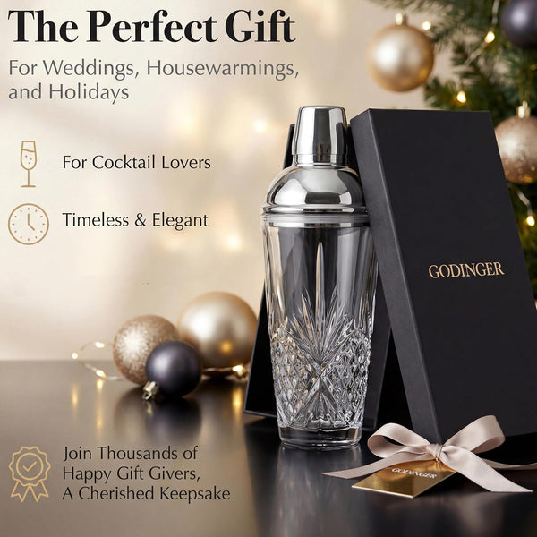 Godinger Dublin Crystal Cocktail Shaker with Lid - Glass Martini Shaker, Drink Shaker for Home Bar, Bartender Gift, 17oz Silver