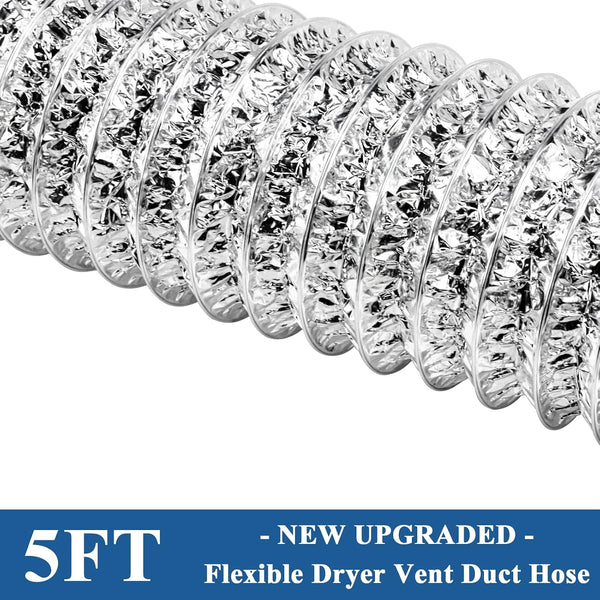 Funmit Dryer Vent Hose Kit - 4 In Diameter by 5 Ft Length - with 2 Stainless Steel Worm Clamp - Flexible Universal Aluminum Foil Non-Insulated -