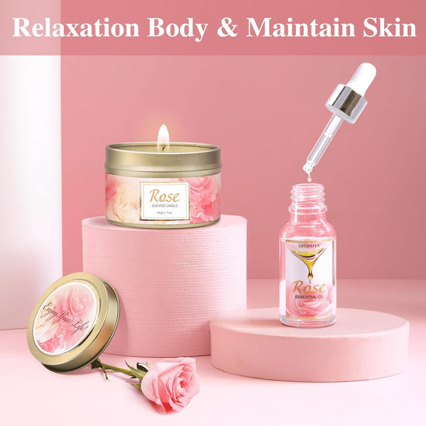 Gifts for Women, Happy Birthday Gifts for Women, Mothers Bath and Body Gift for Woman with Unique Rose Self Care Gift, Home Spa Gift Basket for
