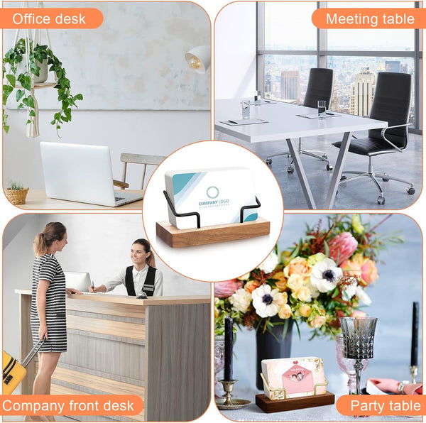 Amyhill 2 Pieces Wood Business Card Holder for Desk Wooden Business Card Display Stand Postcard Holder for Office Home Desktop (Light Wood Color,