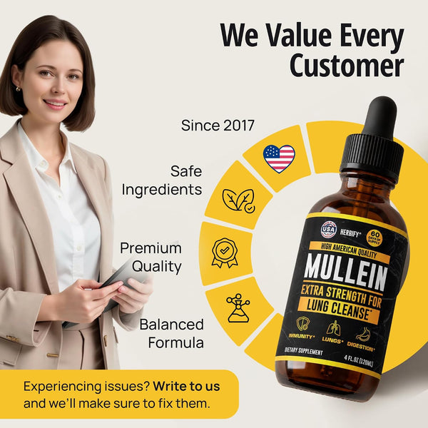 HERBIFY Mullein Drops - Lung Cleanse - Leaf Extract - Powerful Mullein for Immune Support,Detox & Respiratory Support - Made in USA - Lung Cleanse