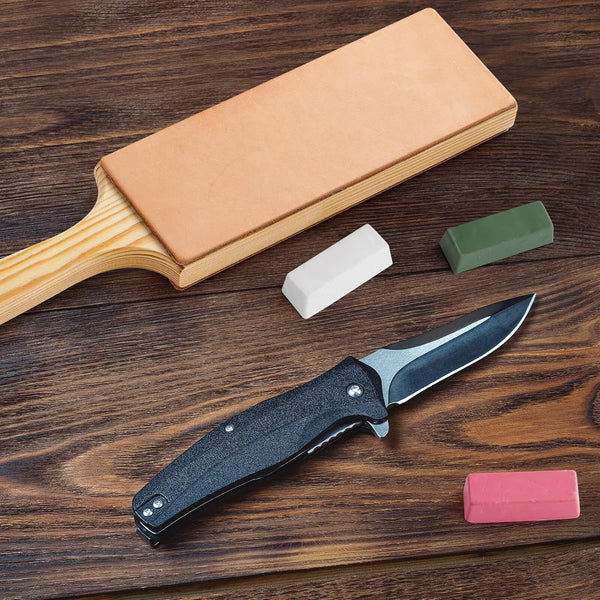Angerstone Oversize Double Sided Leather Strop Kit(3" Knife Stropping Leather）with Ergonomic Handle - Knife Strop for Sharpening Knives, Wood