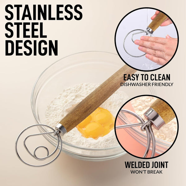 Zulay Kitchen 13 Inch Danish Dough Whisk - Large Wooden Danish Whisk for Dough with Stainless Steel Ring - Traditional Dutch Whisk Baking Tool for