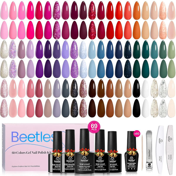 Beetles Gel Nail Polish Set, Transcendent Allure 60 Colors Gel Polish Kit | Orange Burgundy Red Green Brown Blue White Black Purple Glitter, Base