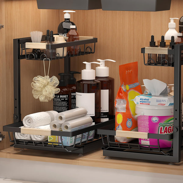 Sevenblue 2 Pack Under Sink Organizer, Under Bathroom Cabinet Organizer with Hooks Hanging Cup, Multi-Purpose Storage Shelf for Kitchen Bathroom,