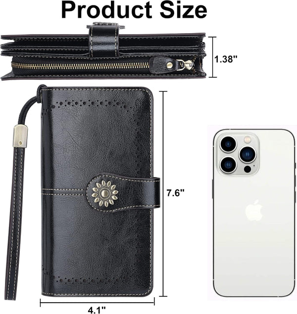 Lavemi Womens Large Capacity Genuine Leather RFID Blocking Wallets Wristlet Clutch Card Holder 1-waxed Black