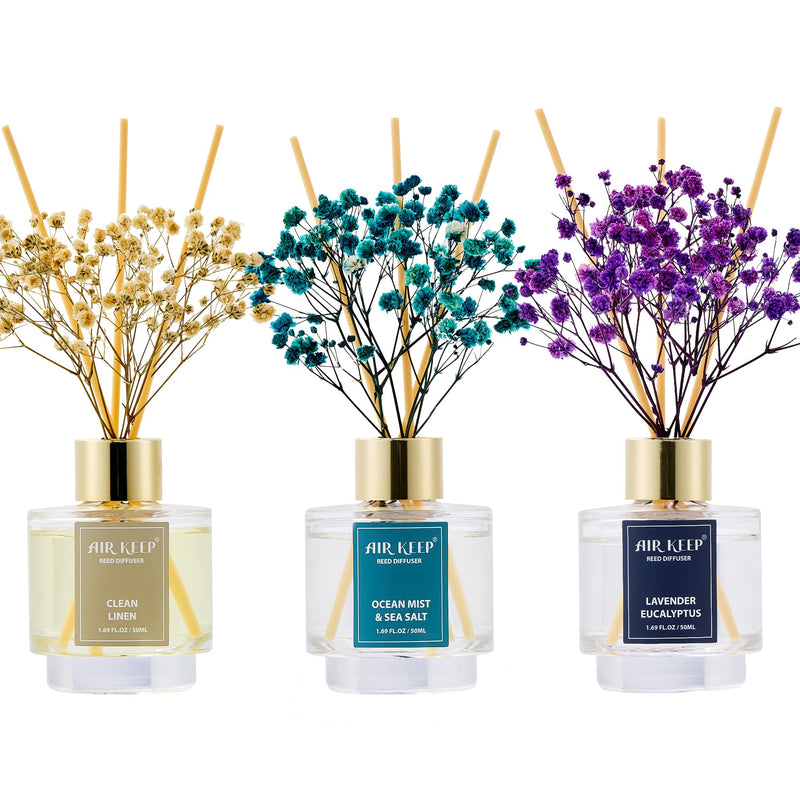Airkeep Reed Diffuser Set of 3,Clean Linen Ocean Mist&Sea Salt Lavender Eucalyptus Oil Reed Diffusers for Bedroom Living Room Office Aromatherapy