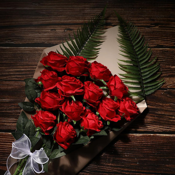 Hawesome 12PCS Artificial Silk Flowers Realistic Roses Bouquet Long Stem for Home Wedding Decoration Party (Red, 6 Flowers 6 Buds) Red 6 Flowers 6