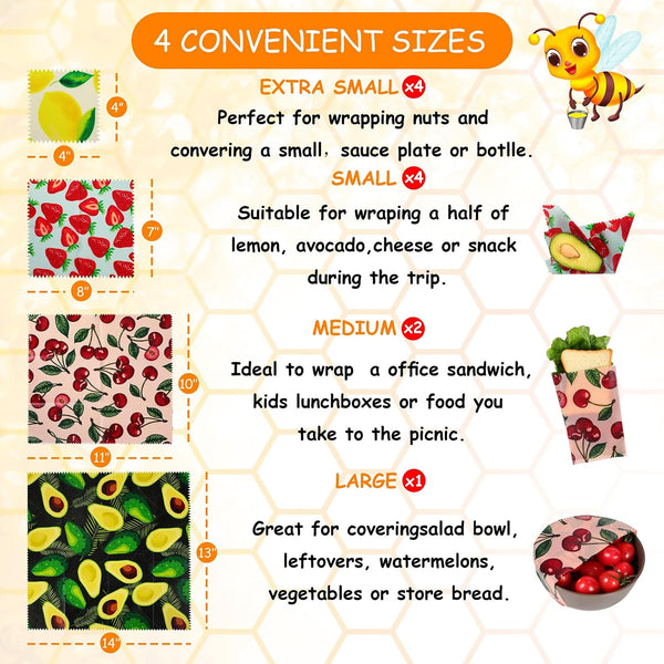 Reusable Beeswax Wrap, 11 Pack Eco-Friendly Beeswax Wraps for Food, Organic, Sustainable, Biodegradable, Zero Waste, Plastic-Free Food Storage, 1L