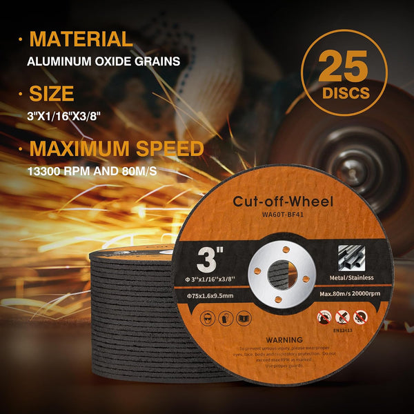 25 PCS 3 Inch Cut Off Wheels Metal and Stainless Steel Cutting Wheel for Angle Grinder 3"x1/16"x3/8"Cutting disc Die Grinder Cut Off Wheel Fits