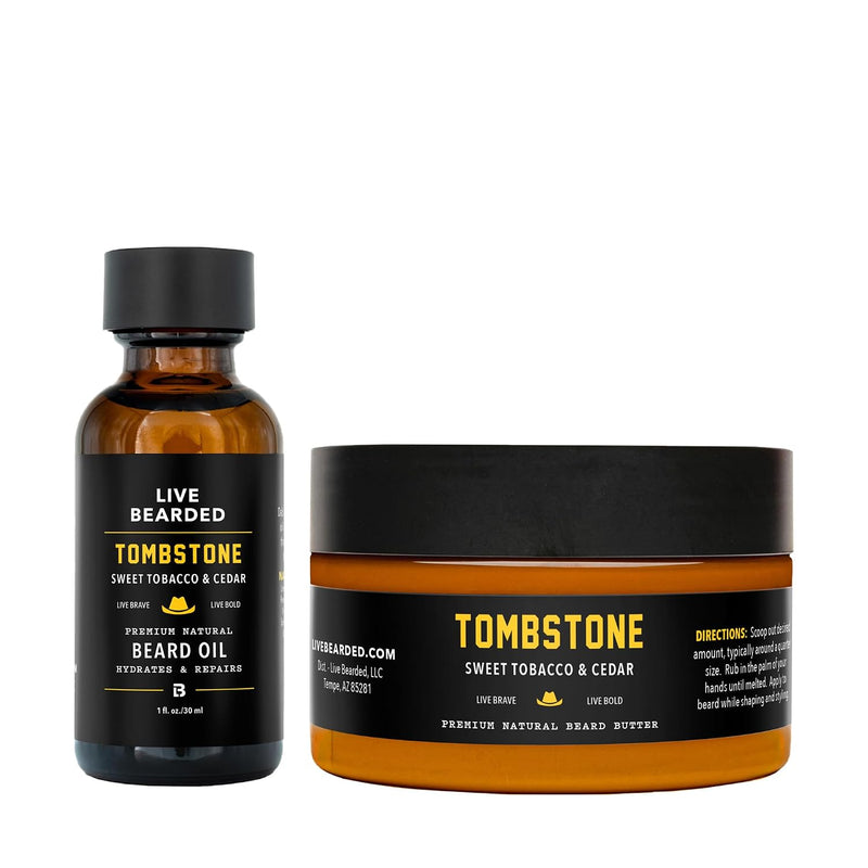 Live Bearded Beard Oil and Butter Grooming Kit - Made in the USA - All-Natural Ingredients with Shea, Argan, Jojoba - Growth Support | Tombstone