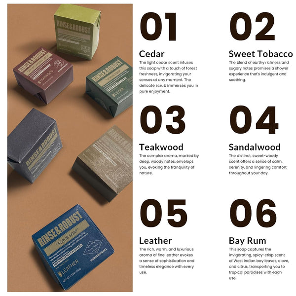 Rinse & Robust Mens Bar Soap 6Pcs Cleansing All Natural Handmade Mens Moisturizing&Exfoliating Oatmeal Scrub Soap Gift for Men Body&Hand All Skin