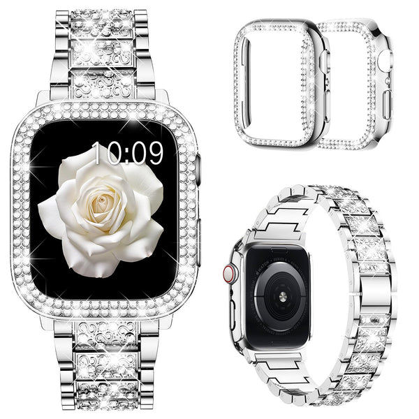 Mosonio Compatible with Apple Watch Band 38mm 40mm 41mm 42mm 44mm 45mm 46mm 49mm with 2 Pack Case Women, Jewelry Replacement Metal Bands Strap