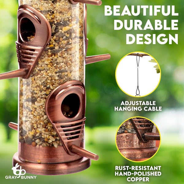 Bird Feeder for Outdoors (Brushed Metal Copper) Hanging Bird Feeders with Locking Lid & Adjustable Hanger, Chew-Proof, Weather Resistant (15