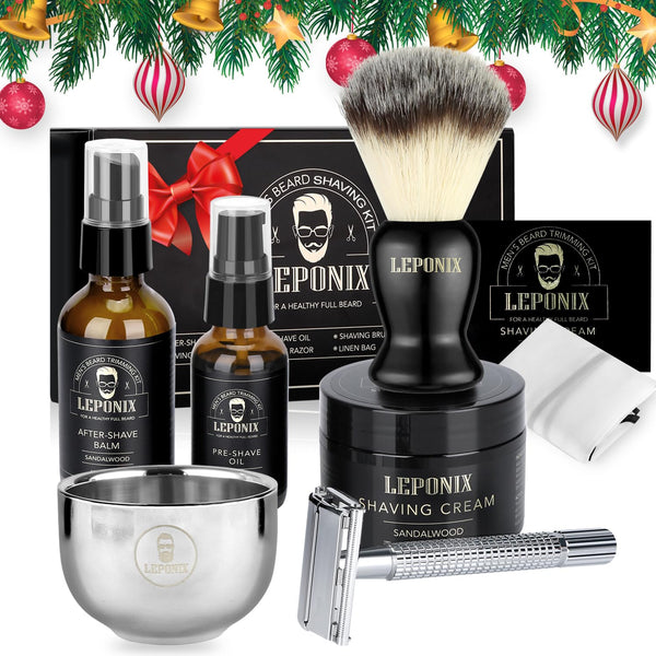 Shaving Kit for Men, Include Safety Razor, Sandalwood Cream, Aftershave, Pre Shave Oil, Shaving Brush and Bowl, Shaving Apron Bib -Unique Gifts