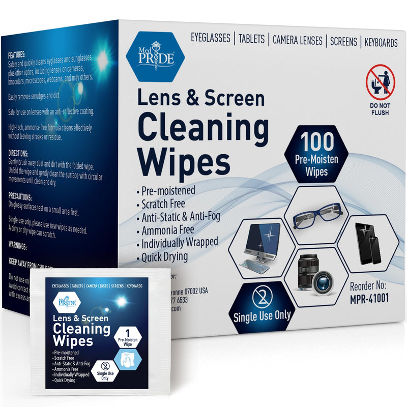MED PRIDE 100 Pre-Moistened Anti-Fog Lens and Screen Cleaning Wipes for Eyeglasses, Touchscreens, Camera Lenses; Quick-Dry, Scratch-Free,