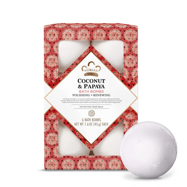 Nubian Heritage Bath Bombs Coconut and Papaya Renewing Bath and Body Products 1.6 Oz 6 Count