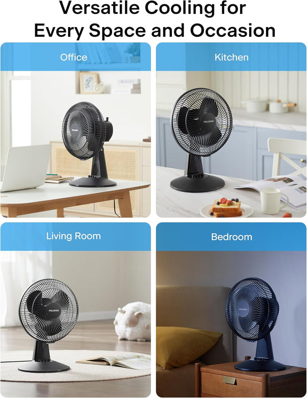 PELONIS Table Fan 12-Inch, 120° Oscillating Table Fan Small Portable Electric Plug-In Desk Fan with 3-Speeds, 126° Adjustable Tilt Head for