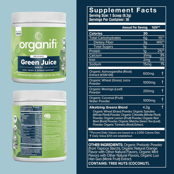 Organifi Green Juice - Powder Supplement with Organic Spirulina, Ashwagandha, and Chlorella - Helps Achieve Fitness Goals and Reduce Cortisol