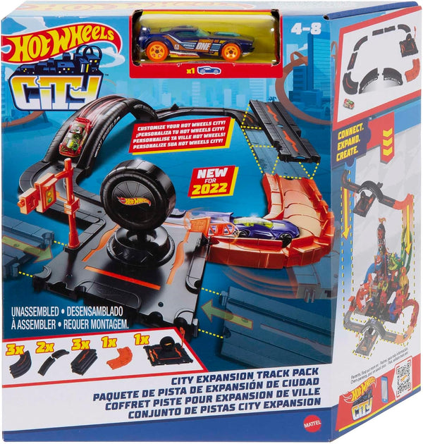 Hot Wheels City Track Pack, 10 Piece Set Includes Track Base & Various Track Pieces to Build a Cityscape, with 1 Hot Wheels Car, Connects to Other