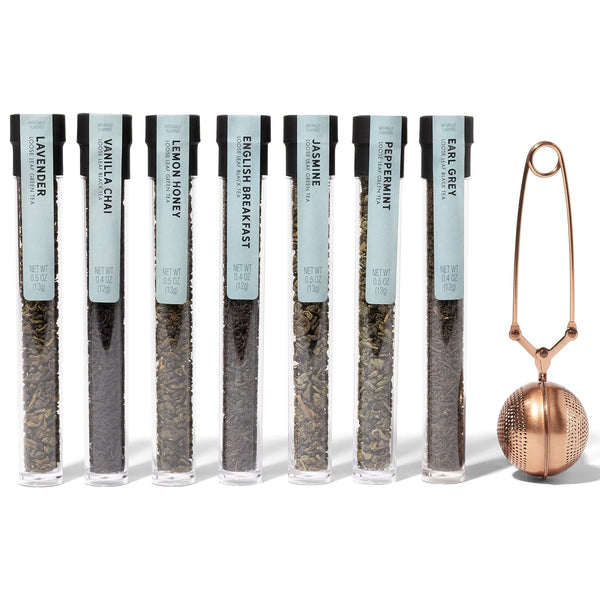 Thoughtfully Gourmet, Tea Therapy Infusion Gift Set, 7 Unique Flavors and Reusable Copper Ball Infuser, Loose Leaf Tea Set Flavors Include