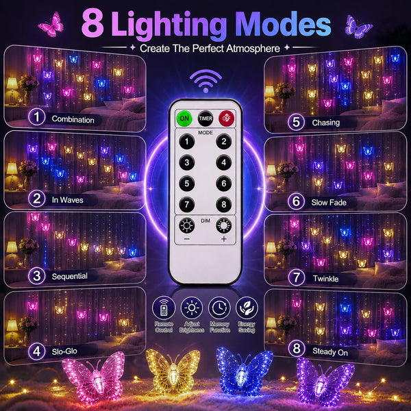 Butterfly Curtain Fairy Lights USB Plug in,8 Modes 120 LED 19.7FT Firefly Twinkle Timer String Lights with Remote, Waterproof Copper Wire for