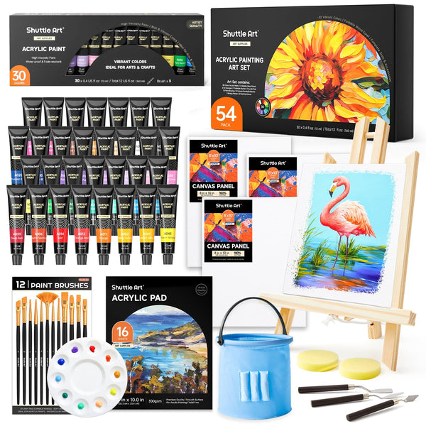 Shuttle Art 54 Pack Acrylic Paint Set, Acrylic Painting Set with 30 Colors Acrylic Paint, Wooden Easel, Painting Canvas, Paint Brushes, Palette,