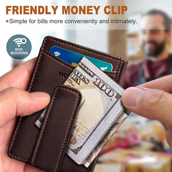 Magnetic Closure Slim Wallet for Men with Money Clip Gift Boxed,Genuine Leather Front Pocket Wallet, 3.9"X 2.7", RFID Blocking