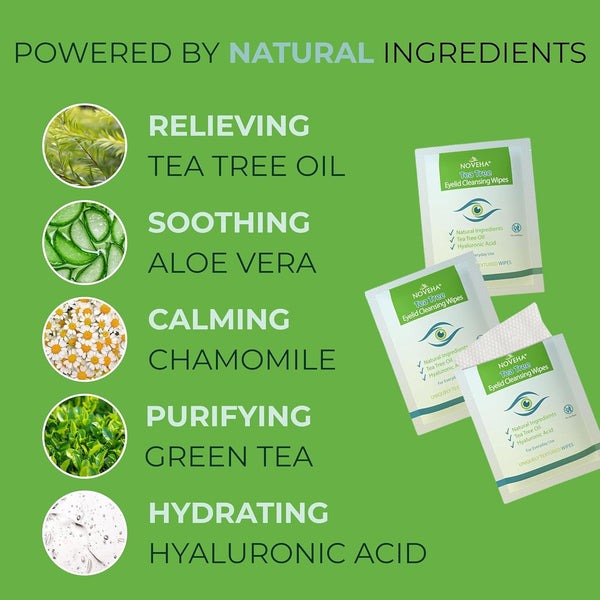 NOVEHA 60Pcs Tea Tree Oil Eyelid & Lash Wipes | with Hyaluronic Acid, Green Tea & Chamomile for Blepharitis, Itchy & Stye Eyes, Individually