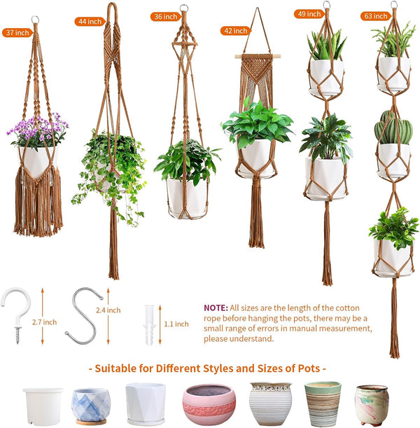 SFENNGPET Macrame Plant Hangers, 6Pack Hanging Planters for Indoor Plants Caramel