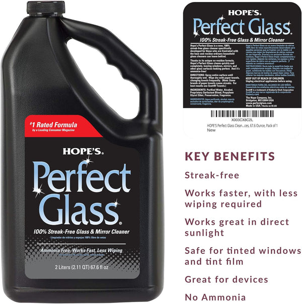 HOPE'S Perfect Glass Cleaner Spray Refill, Streak-Free, Ammonia-Free Window, Mirror, Screen, Tinted Glass, and Shower Door Cleaner, Indoor and