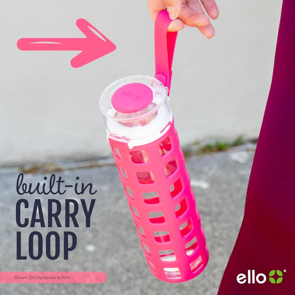 Ello Syndicate 20Oz Reusable Glass Water Bottle with One-Touch Leak Proof Flip Lid and Protective Non-Slip Silicone Sleeve and Carry Loop for
