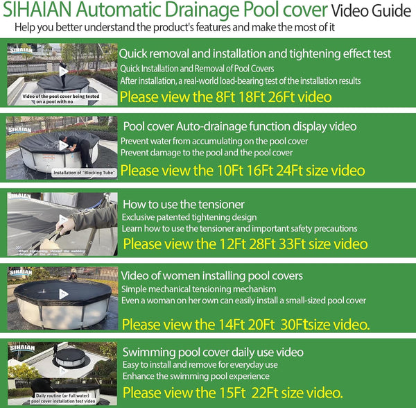 SIHAIAN 12 Ft Round Pool Cover, with Automatic Drain Pool Cover, Patented One-Piece Tensioning System Above Ground Pool Cover, Preventing